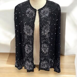 Vintage Silk Beaded Evening Jacket Sz Medium sequin 90s 80s Black
